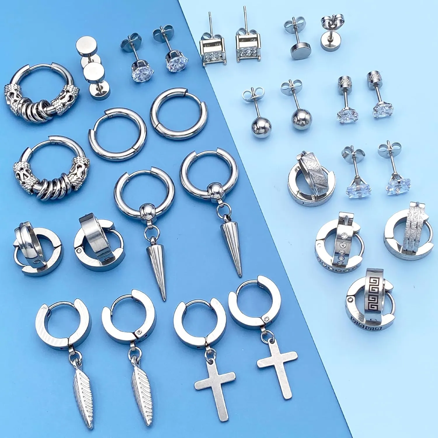 Earrings for Men - 18 Pairs, Black Gold Silver & Stainless Steel Stud, Cross, Dangle, Hoop Earrings Set - Fashion Piercing Jewelry