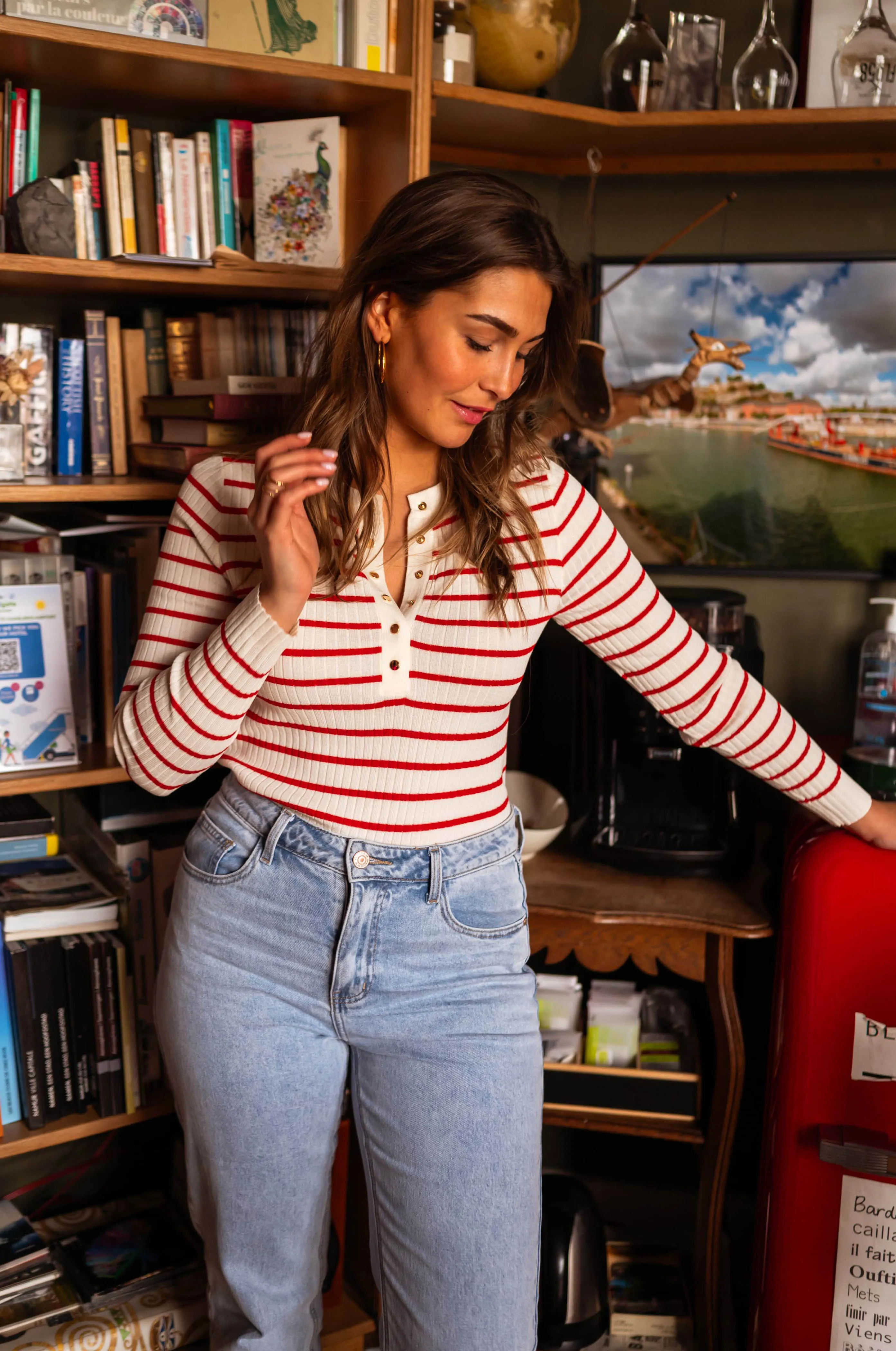 Ecru and Red Striped Volver Sweater