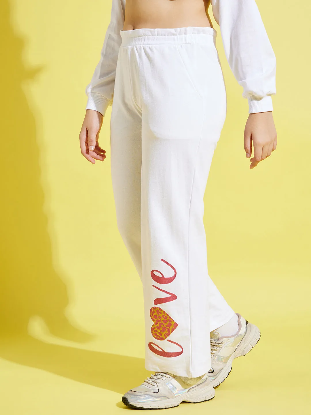 Girls White Terry Love Paper Bag Track Pants - Lyush Kids