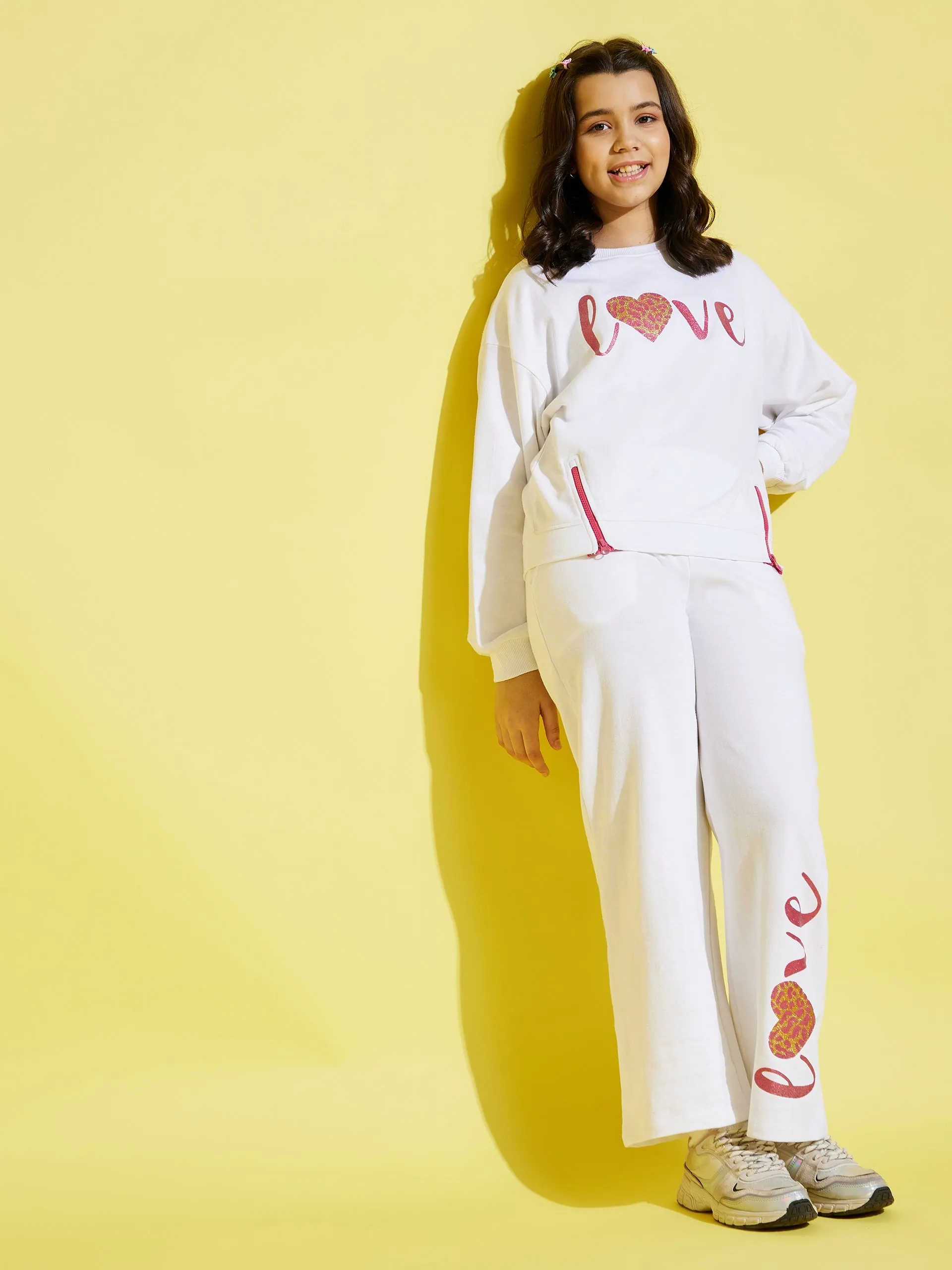 Girls White Terry Love Paper Bag Track Pants - Lyush Kids