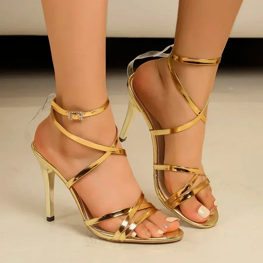 Gold Black White Open Toe High Heels