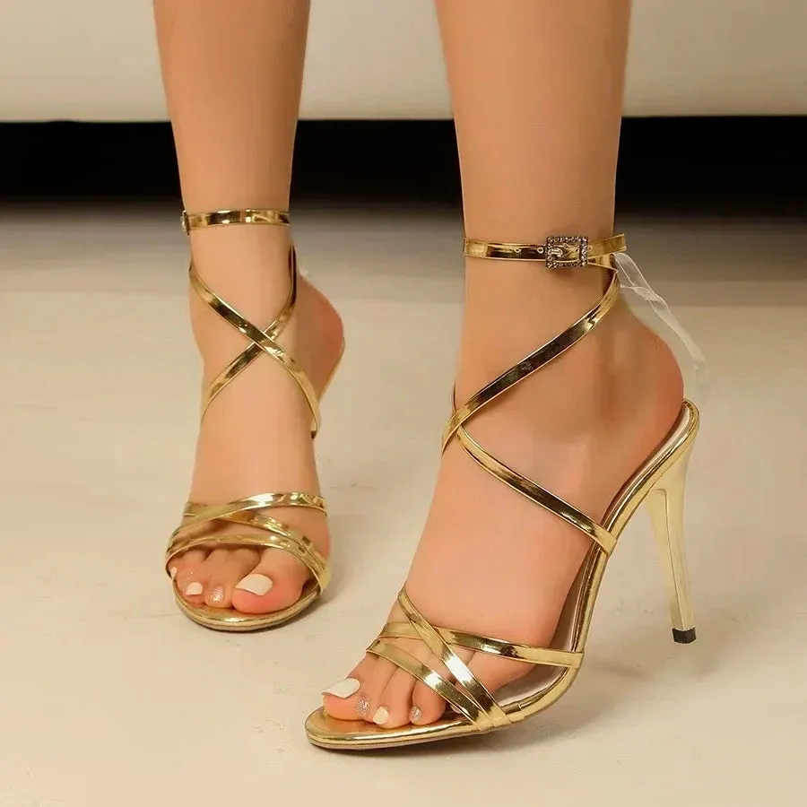 Gold Black White Open Toe High Heels