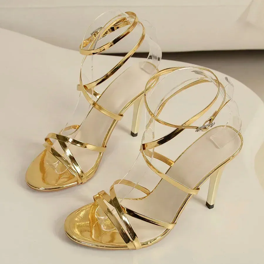 Gold Black White Open Toe High Heels