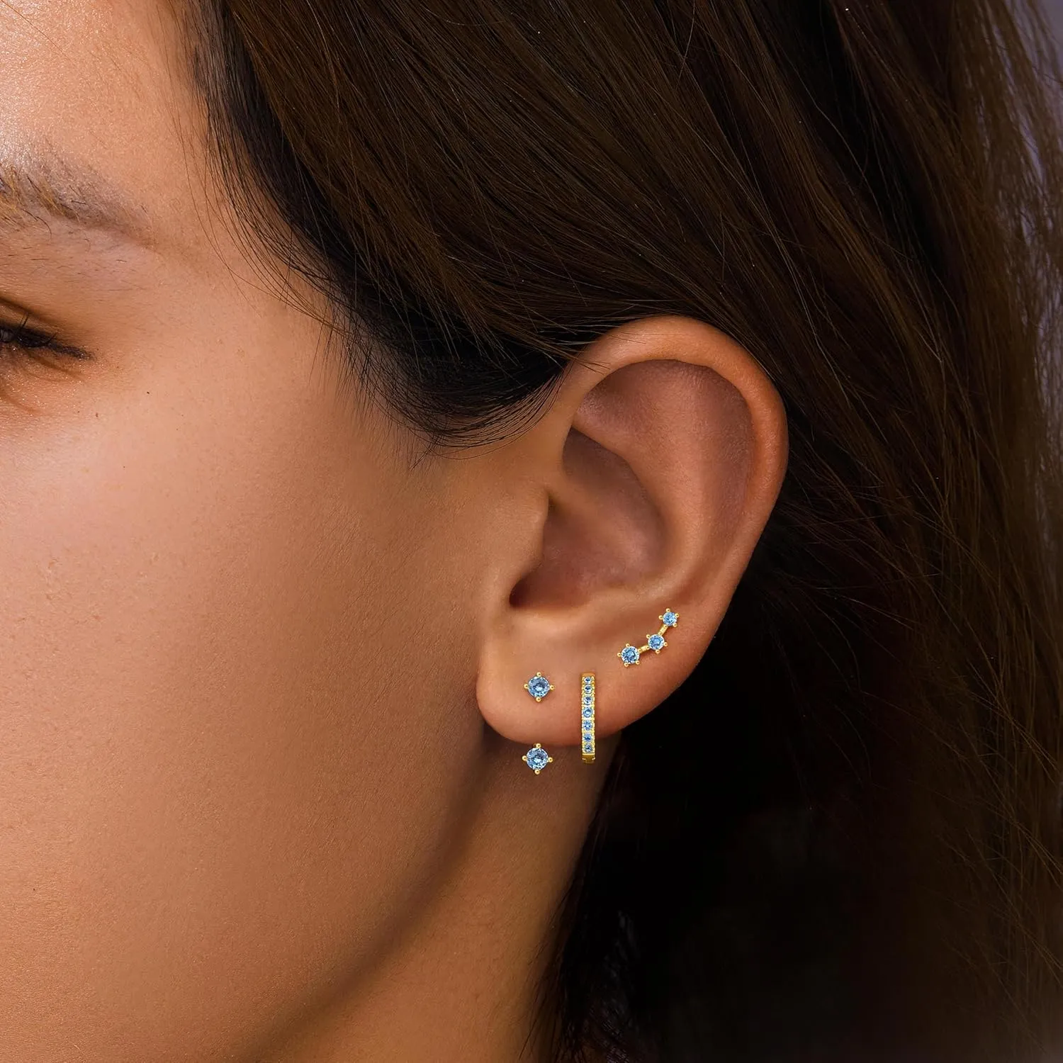 Gold Stud Earrings Set for Women, 3 Pairs Huggie Hoop Jacket Studs Earring Stacks, Hypoallergenic 925 Sterling Silver Post Dainty Birthstone Trendy Women Fashion Accessories Jewelry Gifts