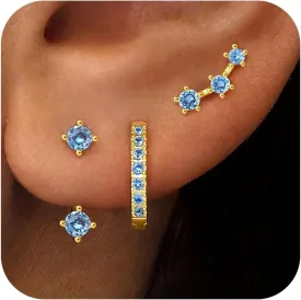 Gold Stud Earrings Set for Women, 3 Pairs Huggie Hoop Jacket Studs Earring Stacks, Hypoallergenic 925 Sterling Silver Post Dainty Birthstone Trendy Women Fashion Accessories Jewelry Gifts