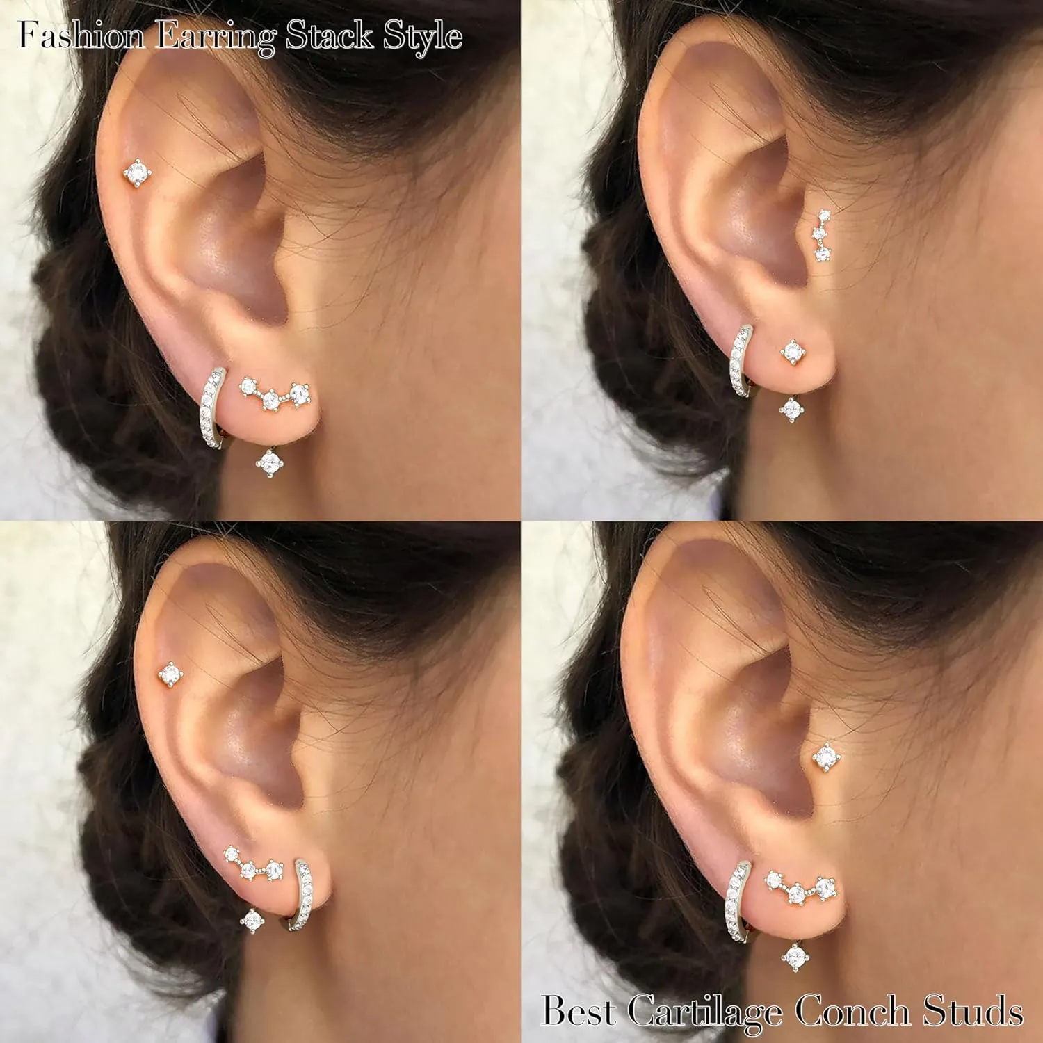 Gold Stud Earrings Set for Women, 3 Pairs Huggie Hoop Jacket Studs Earring Stacks, Hypoallergenic 925 Sterling Silver Post Dainty Birthstone Trendy Women Fashion Accessories Jewelry Gifts