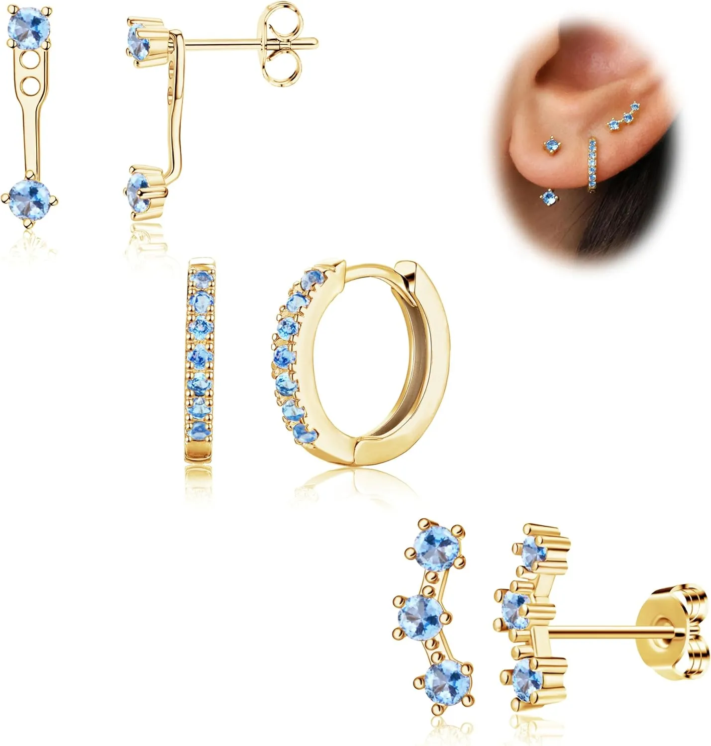 Gold Stud Earrings Set for Women, 3 Pairs Huggie Hoop Jacket Studs Earring Stacks, Hypoallergenic 925 Sterling Silver Post Dainty Birthstone Trendy Women Fashion Accessories Jewelry Gifts