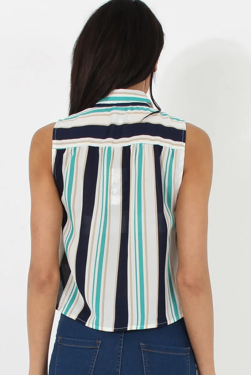 Green & Blue Stripe Sleeveless Shirt - Ayesha