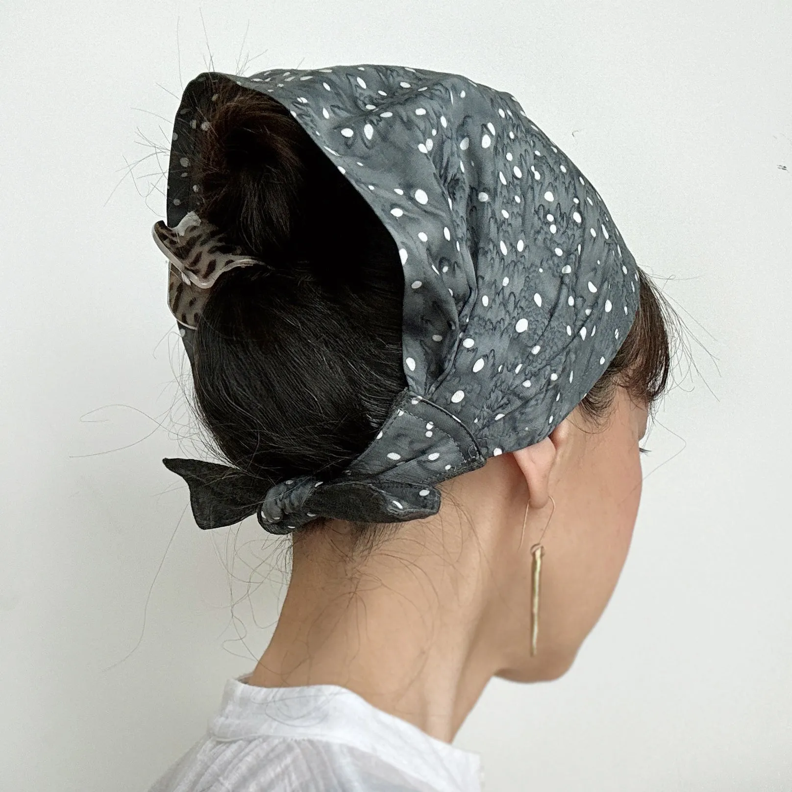 Head scarf Tie Gray White Polka Dots on splash print