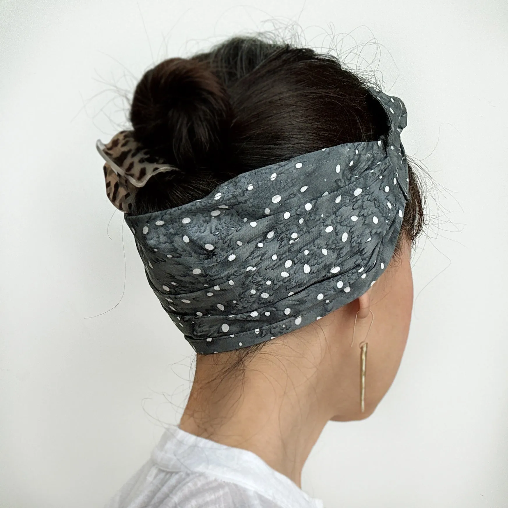 Head scarf Tie Gray White Polka Dots on splash print