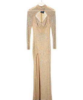 House of Maguie Nude Mesh Rhinestone And Pearl Encrusted Maxi Dress UK S