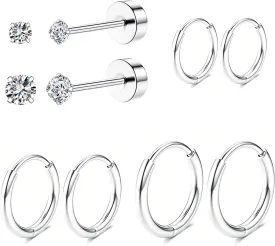 Hypoallergenic Surgical Steel Earrings Set for Sensitive Ears, Stainless Steel Flat Back Earrings for Women Men Small Flatback Stud Cartilage Hoop Earring Set for Multiple Piercing 5 Pairs