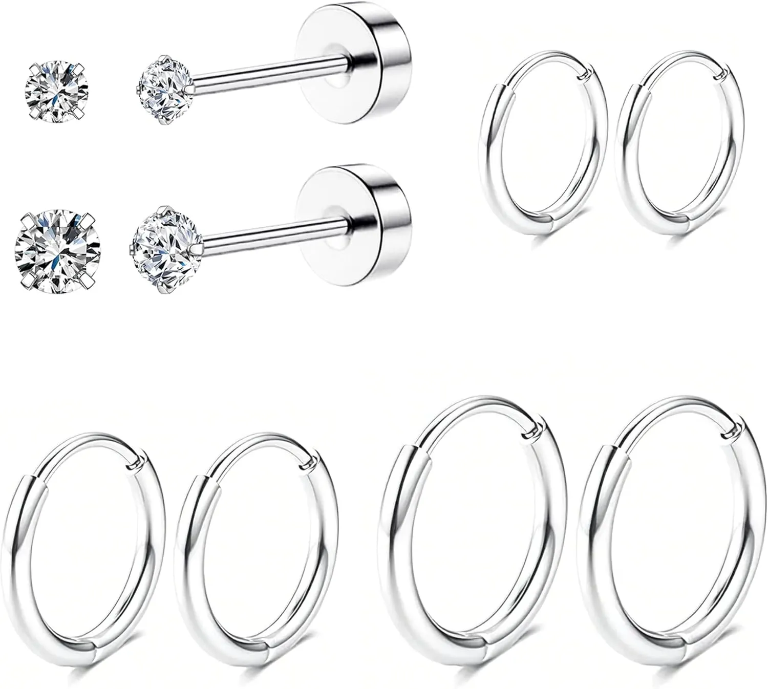 Hypoallergenic Surgical Steel Earrings Set for Sensitive Ears, Stainless Steel Flat Back Earrings for Women Men Small Flatback Stud Cartilage Hoop Earring Set for Multiple Piercing 5 Pairs