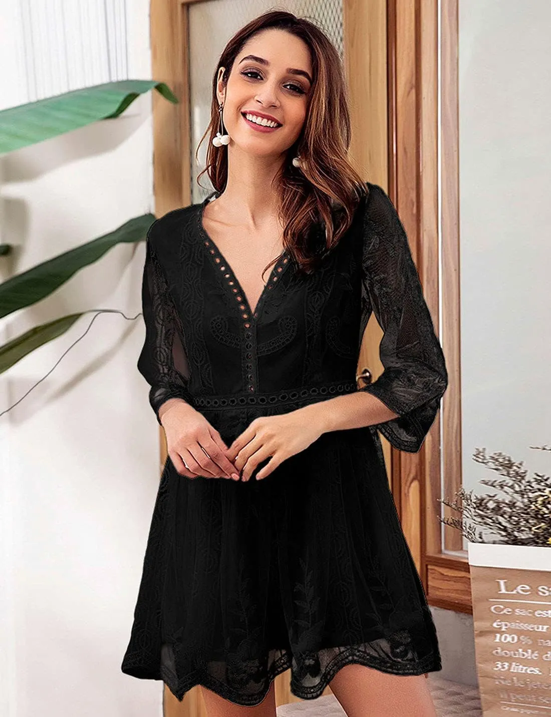 Itemnew Women's Elegant Lace Sheer Backless V-Neck 3/4 Sleeve Flowy Short Party Dress