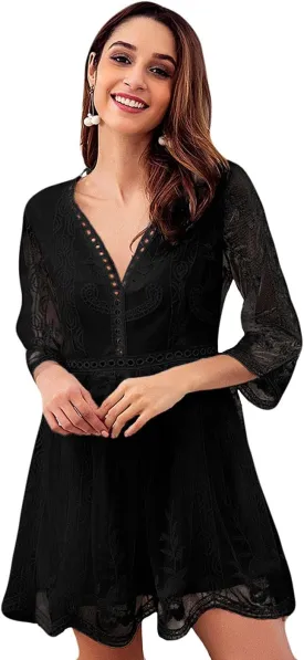Itemnew Women's Elegant Lace Sheer Backless V-Neck 3/4 Sleeve Flowy Short Party Dress