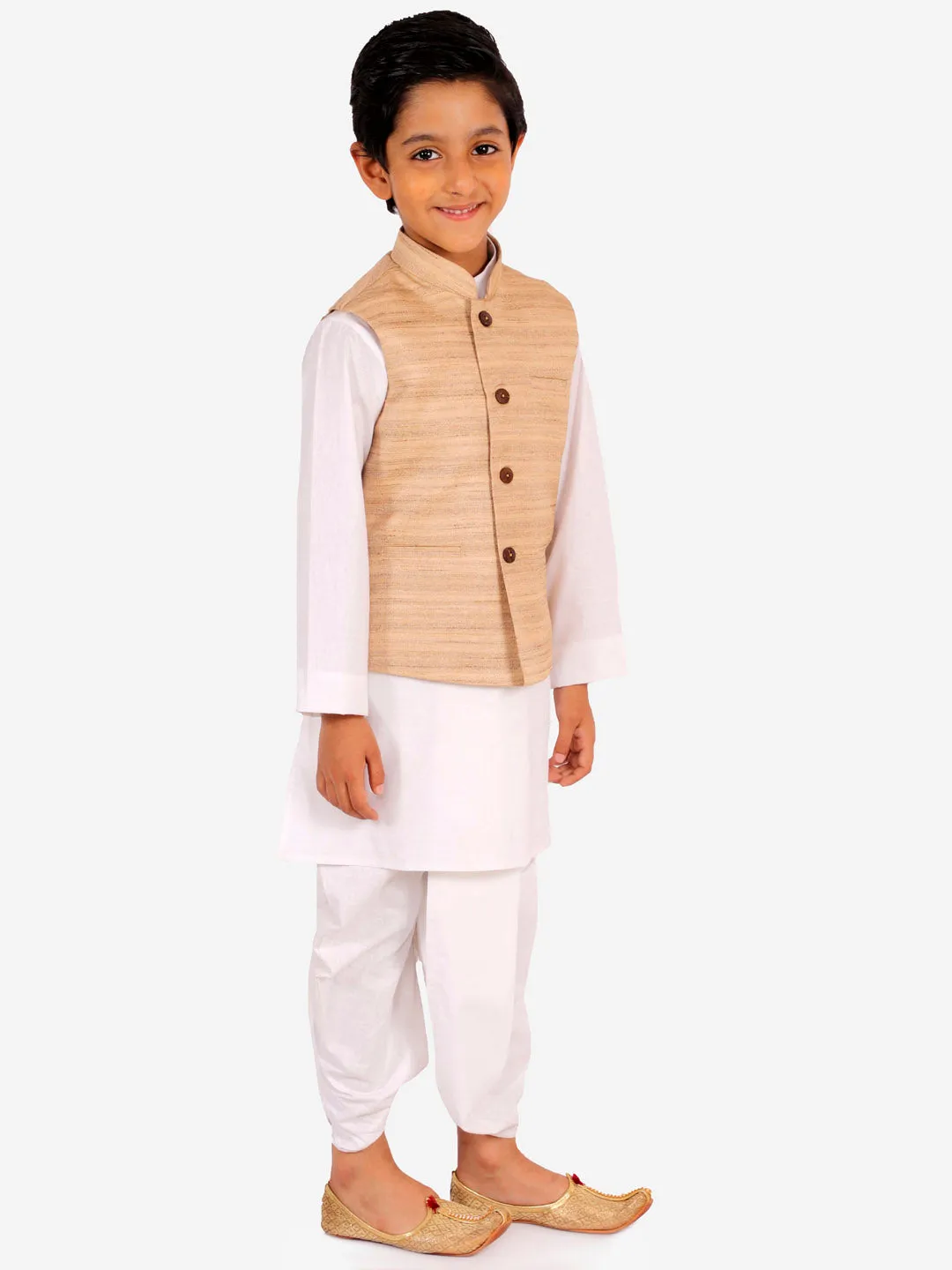 Jashvi Beige Cotton Silk Jacket & White Dhoti Kurta Baap Beta Set