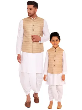 Jashvi Beige Cotton Silk Jacket & White Dhoti Kurta Baap Beta Set