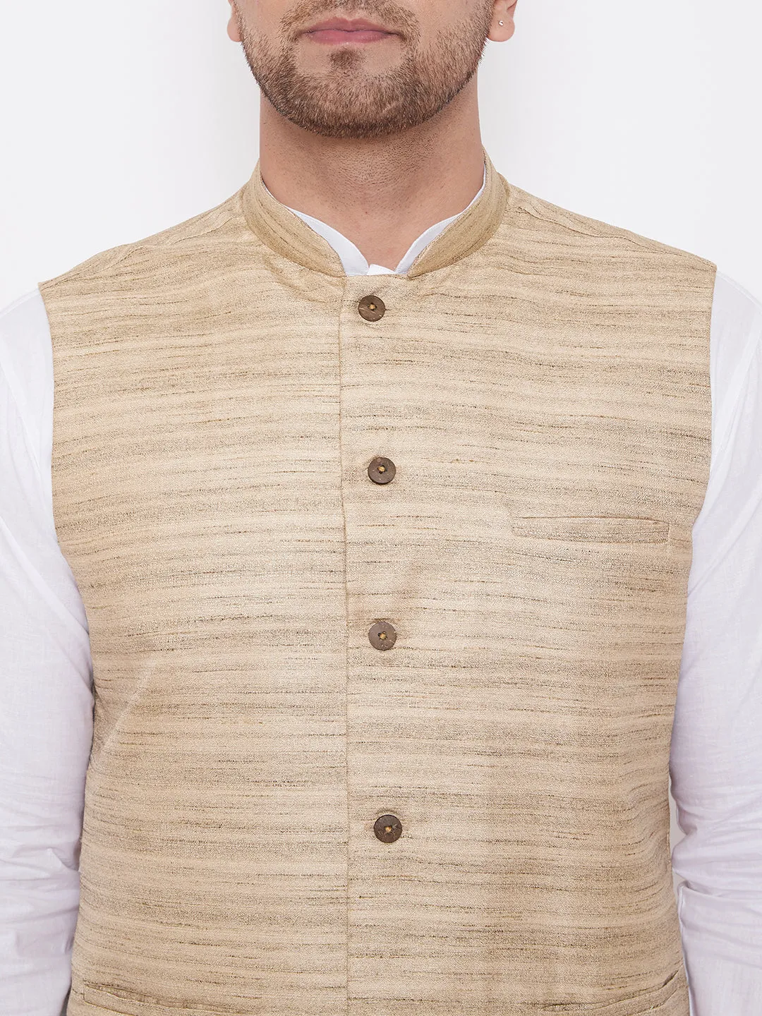 Jashvi Beige Cotton Silk Jacket & White Dhoti Kurta Baap Beta Set