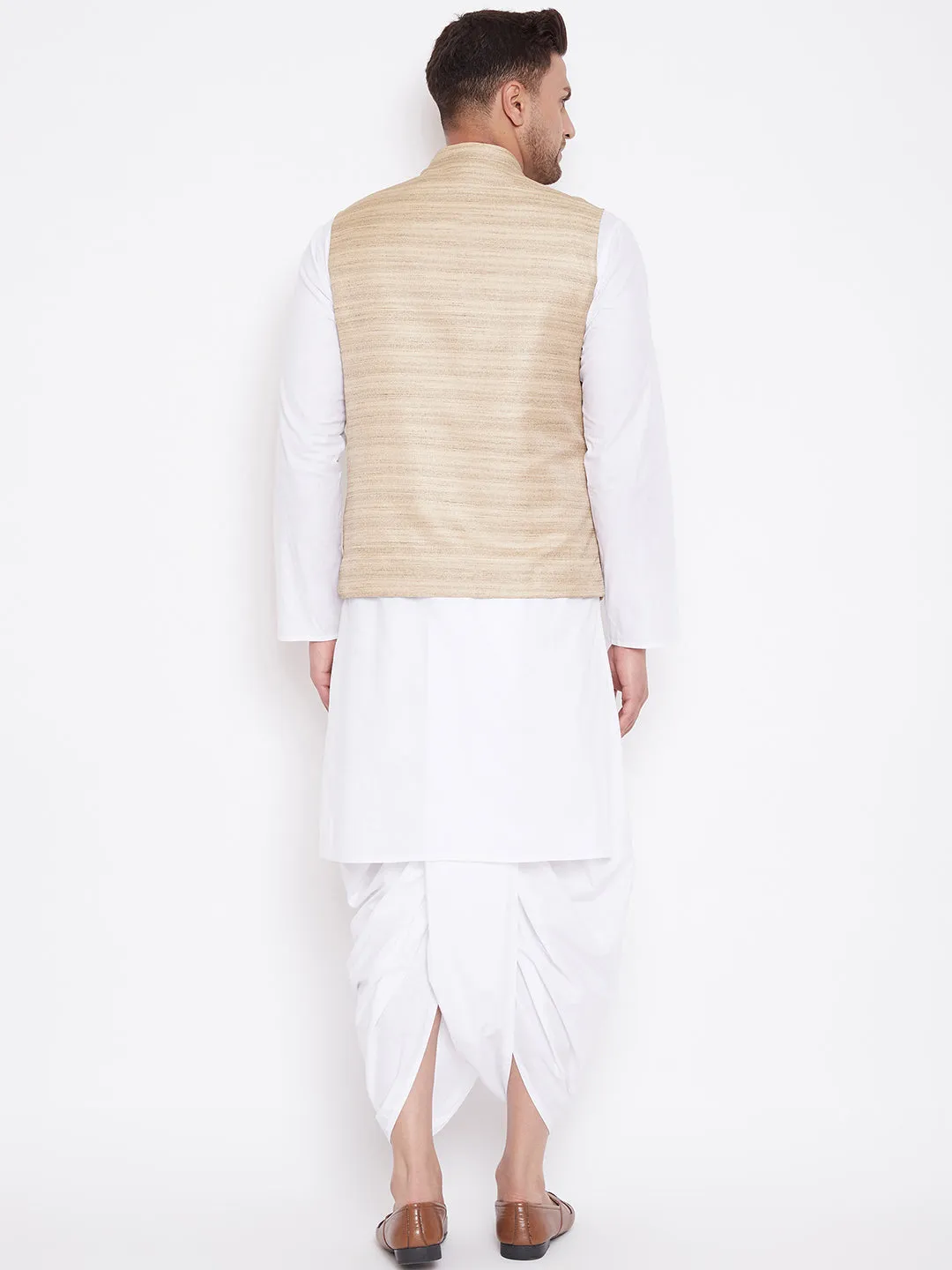 Jashvi Beige Cotton Silk Jacket & White Dhoti Kurta Baap Beta Set