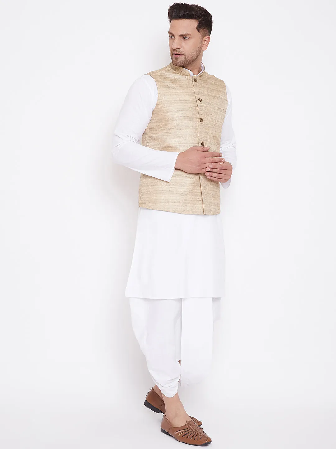 Jashvi Beige Cotton Silk Jacket & White Dhoti Kurta Baap Beta Set