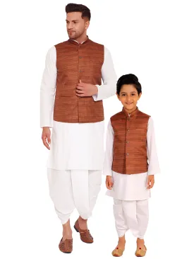 Jashvi Brown Color Cotton Silk Nehru Jacket & White Dhoti Kurta Baap Beta Set