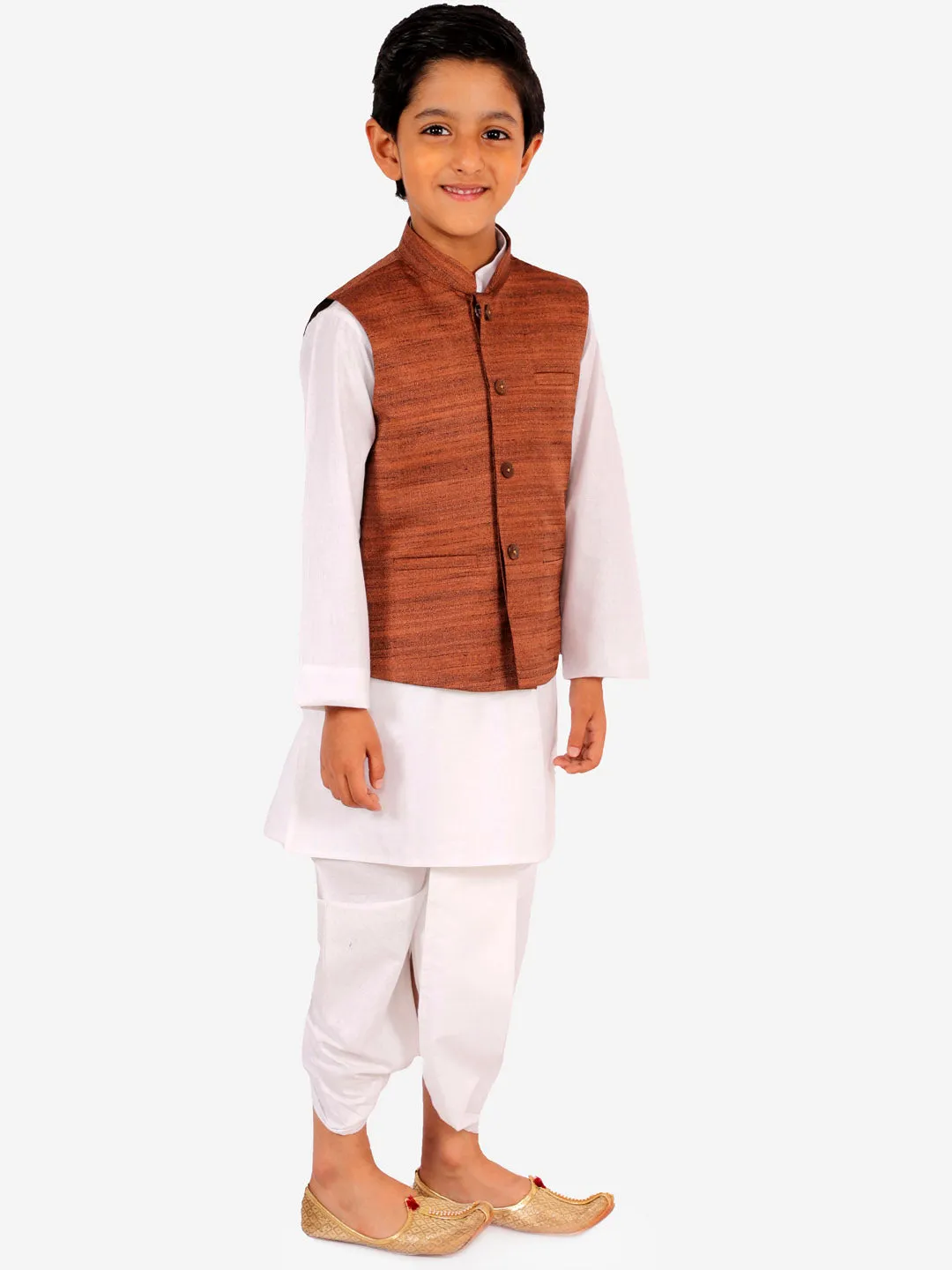 Jashvi Brown Color Cotton Silk Nehru Jacket & White Dhoti Kurta Baap Beta Set