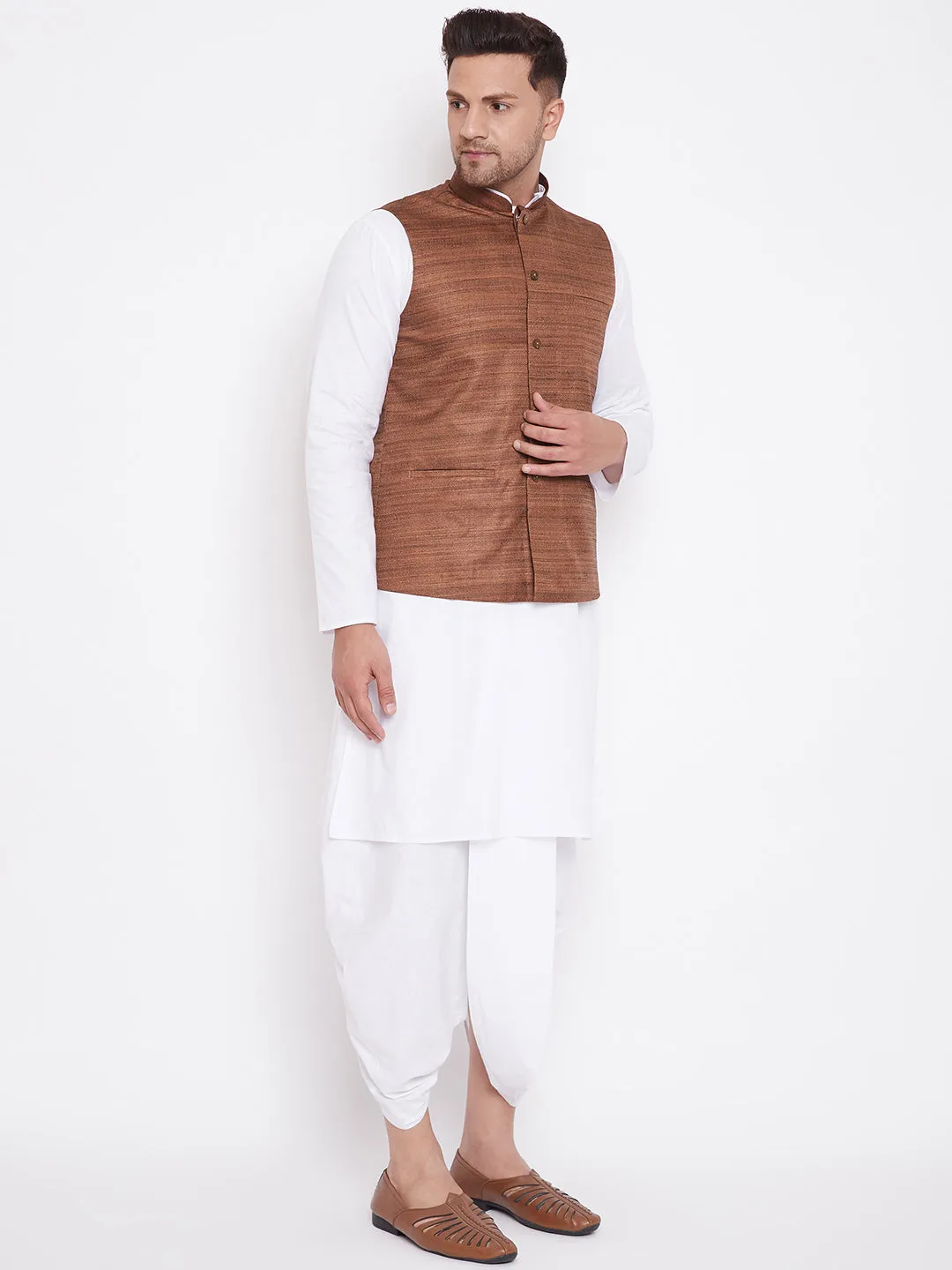 Jashvi Brown Color Cotton Silk Nehru Jacket & White Dhoti Kurta Baap Beta Set