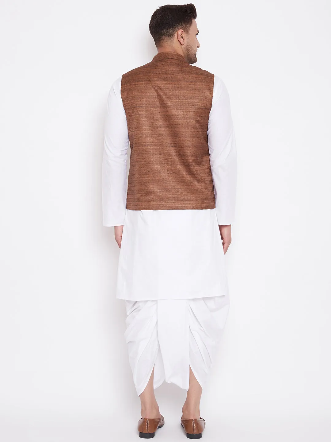 Jashvi Brown Color Cotton Silk Nehru Jacket & White Dhoti Kurta Baap Beta Set
