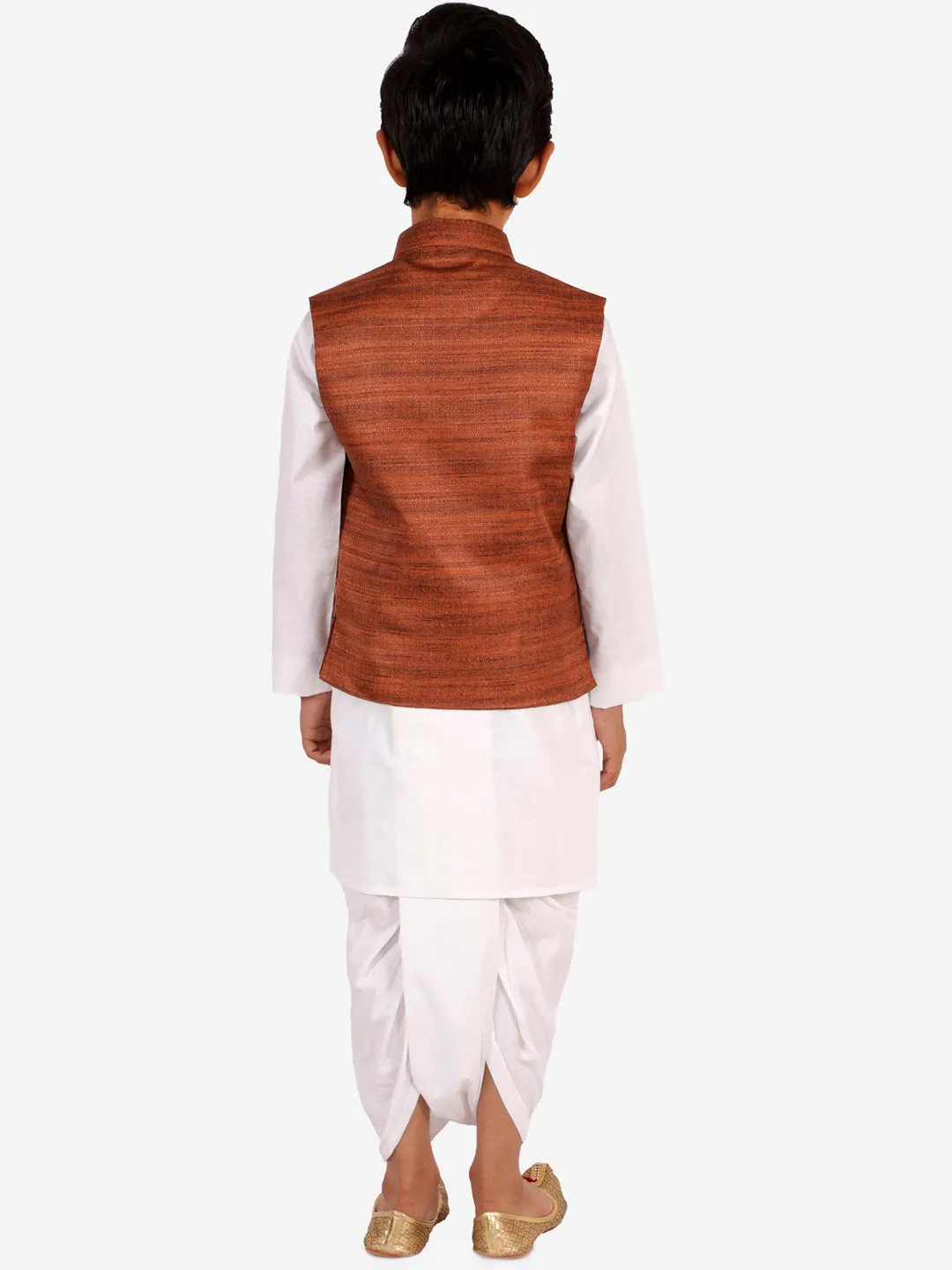 Jashvi Brown Color Cotton Silk Nehru Jacket & White Dhoti Kurta Baap Beta Set