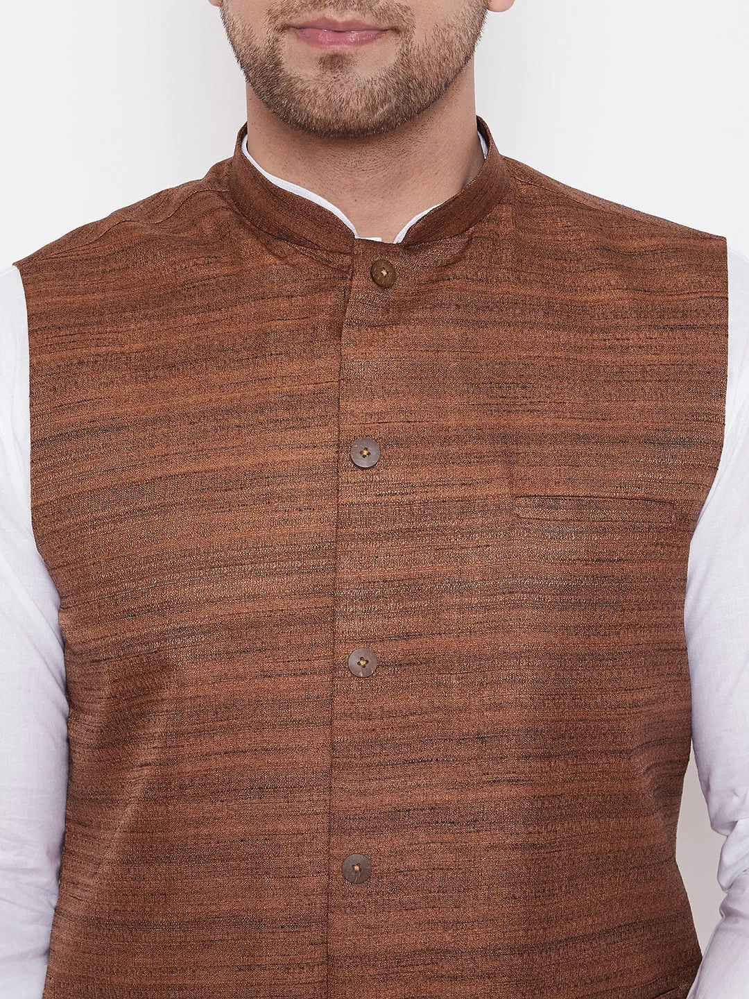 Jashvi Brown Color Cotton Silk Nehru Jacket & White Dhoti Kurta Baap Beta Set