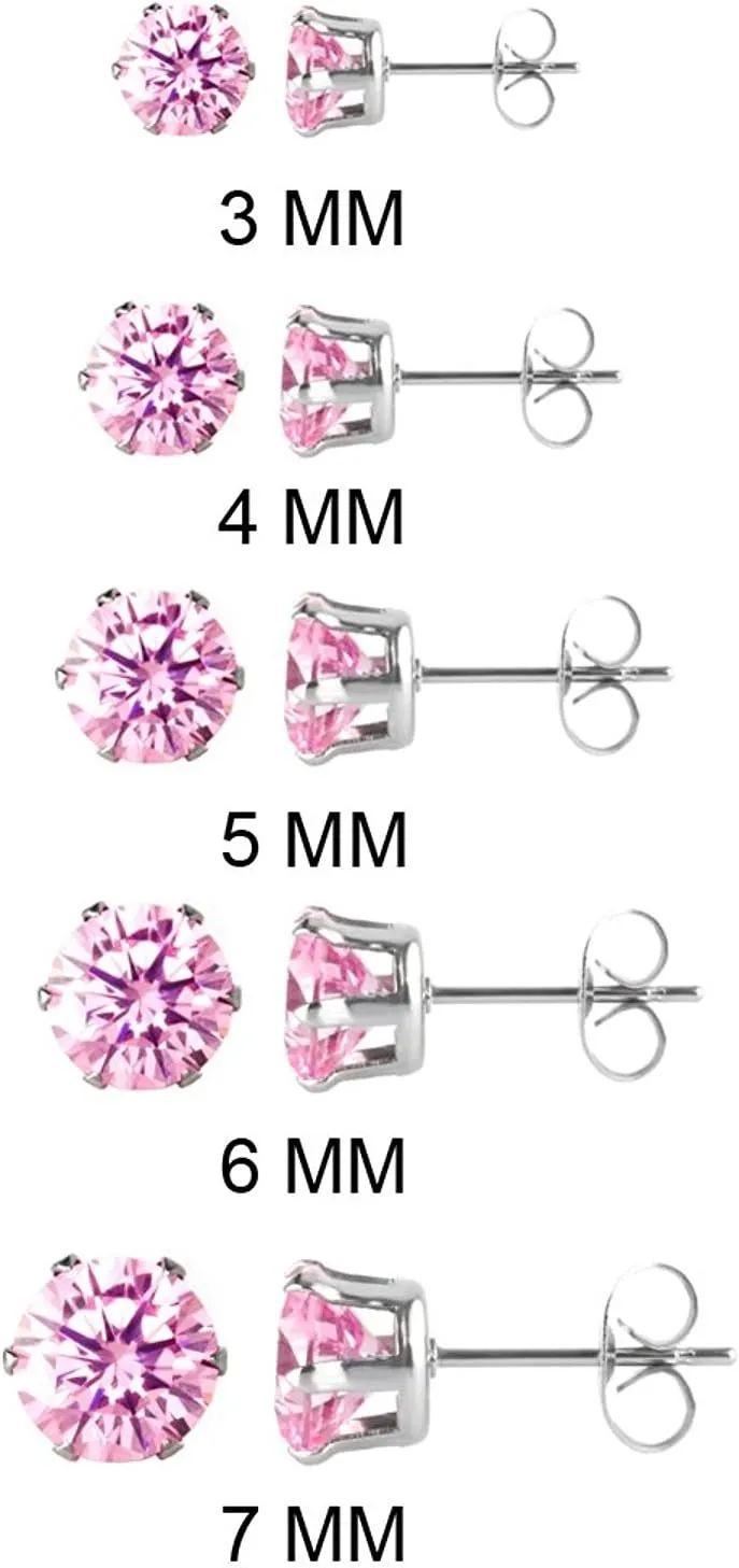 JEWELRIESHOP Earrings for Women Studs Set Stainless Steel CZ Earing Hypoallergenic Multiple Piercing Ear Stud (5 Pairs, 3-7mm Black CZ, Black Post, 6 Prong)