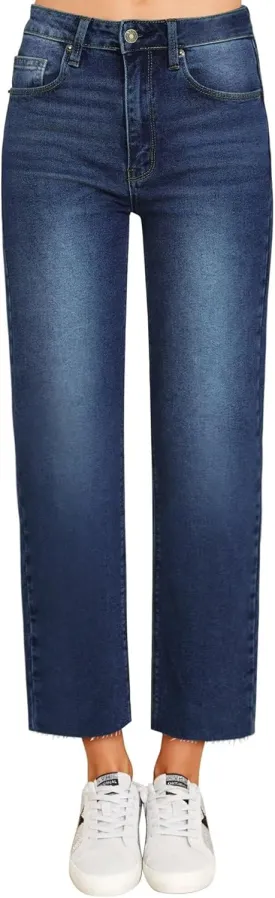 KDF Women's Cropped Straight Leg Jeans - High Waisted Jeans for Women 7/8 Length Denim Pants with Crop Hem