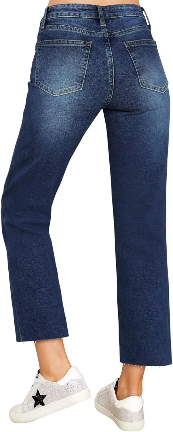 KDF Women's Cropped Straight Leg Jeans - High Waisted Jeans for Women 7/8 Length Denim Pants with Crop Hem