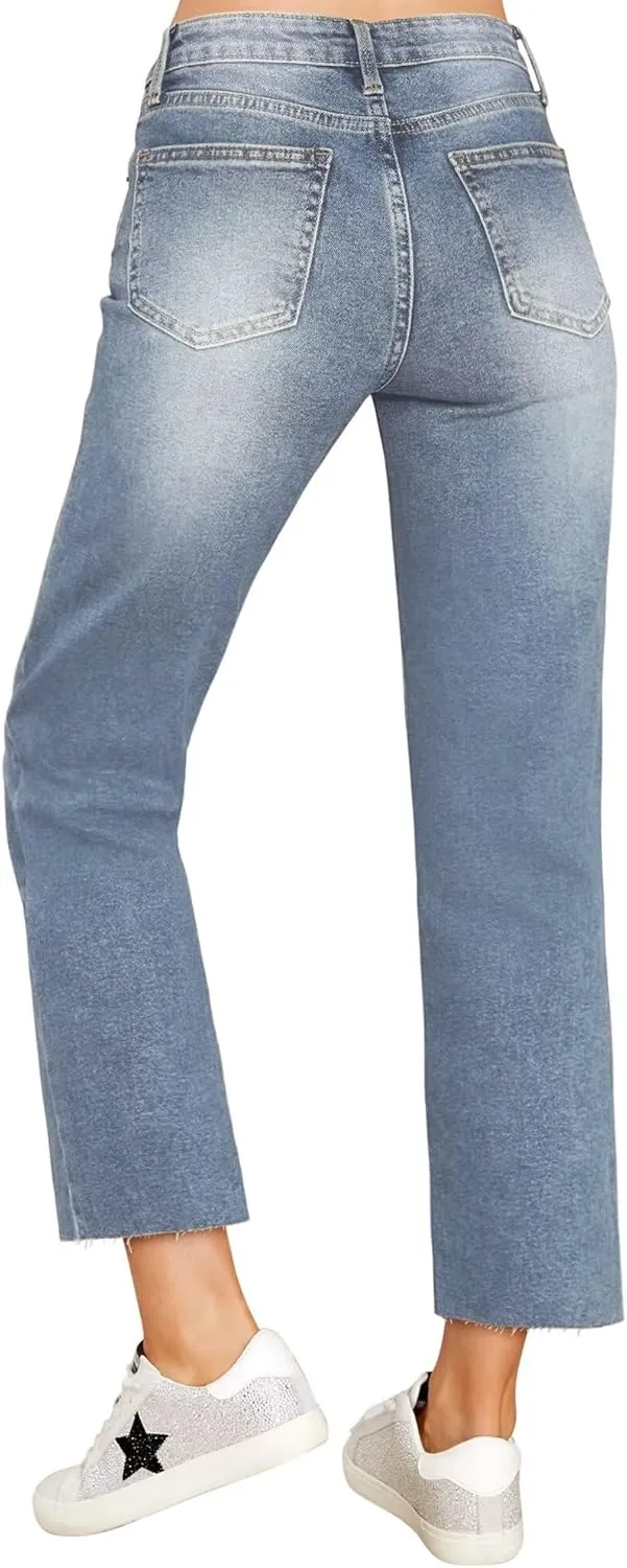 KDF Women's Cropped Straight Leg Jeans - High Waisted Jeans for Women 7/8 Length Denim Pants with Crop Hem