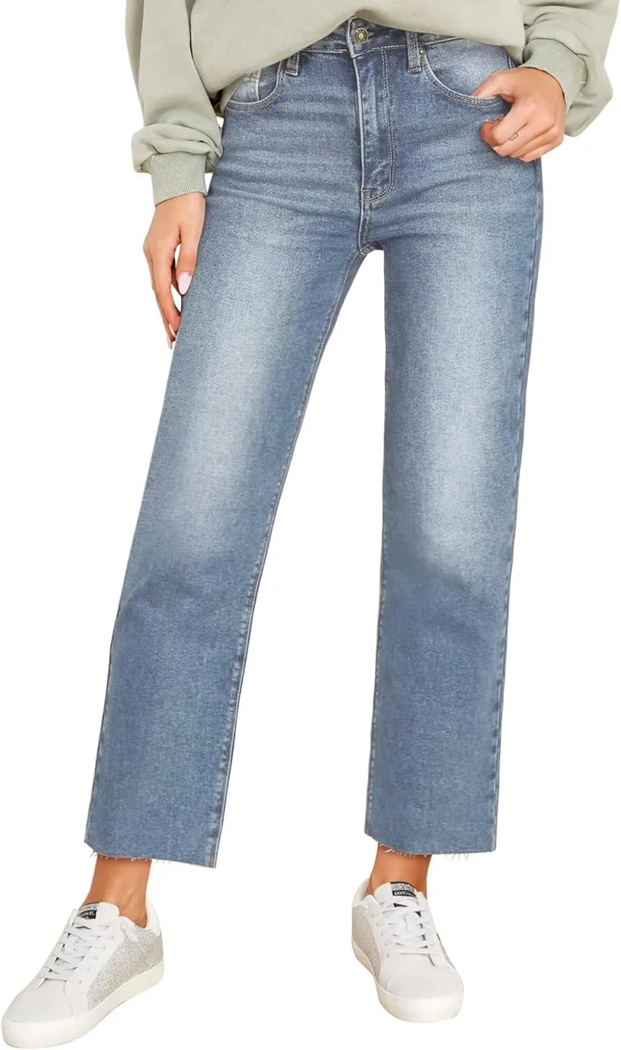 KDF Women's Cropped Straight Leg Jeans - High Waisted Jeans for Women 7/8 Length Denim Pants with Crop Hem
