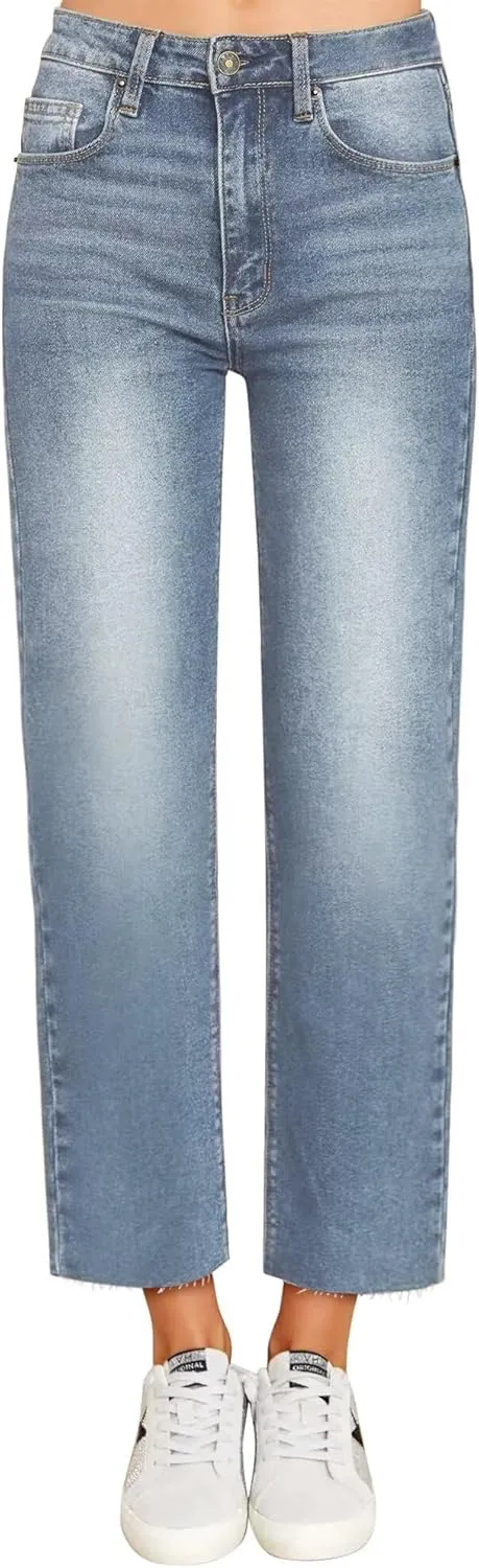 KDF Women's Cropped Straight Leg Jeans - High Waisted Jeans for Women 7/8 Length Denim Pants with Crop Hem