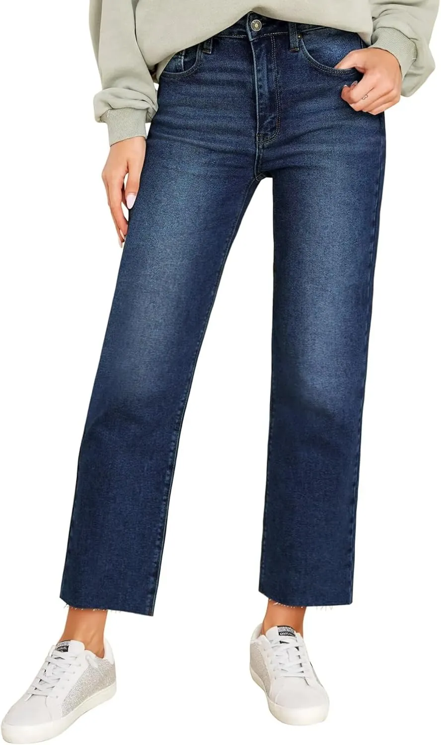KDF Women's Cropped Straight Leg Jeans - High Waisted Jeans for Women 7/8 Length Denim Pants with Crop Hem
