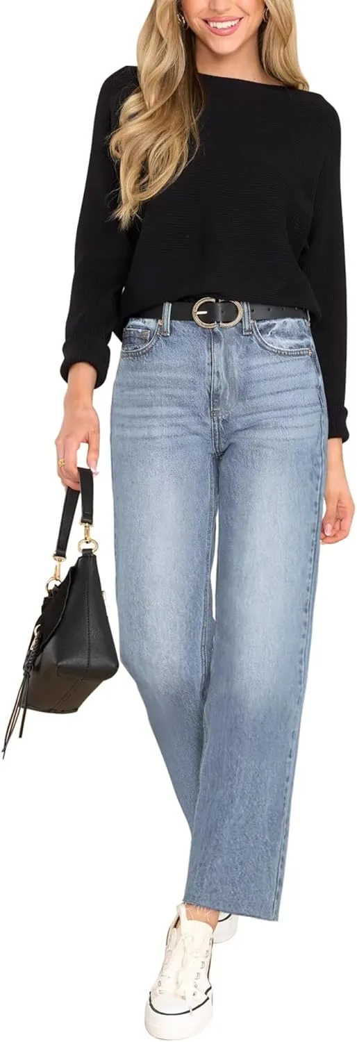 KDF Women's Cropped Straight Leg Jeans - High Waisted Jeans for Women 7/8 Length Denim Pants with Crop Hem