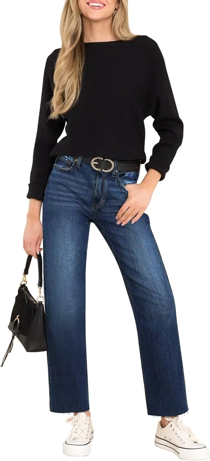 KDF Women's Cropped Straight Leg Jeans - High Waisted Jeans for Women 7/8 Length Denim Pants with Crop Hem