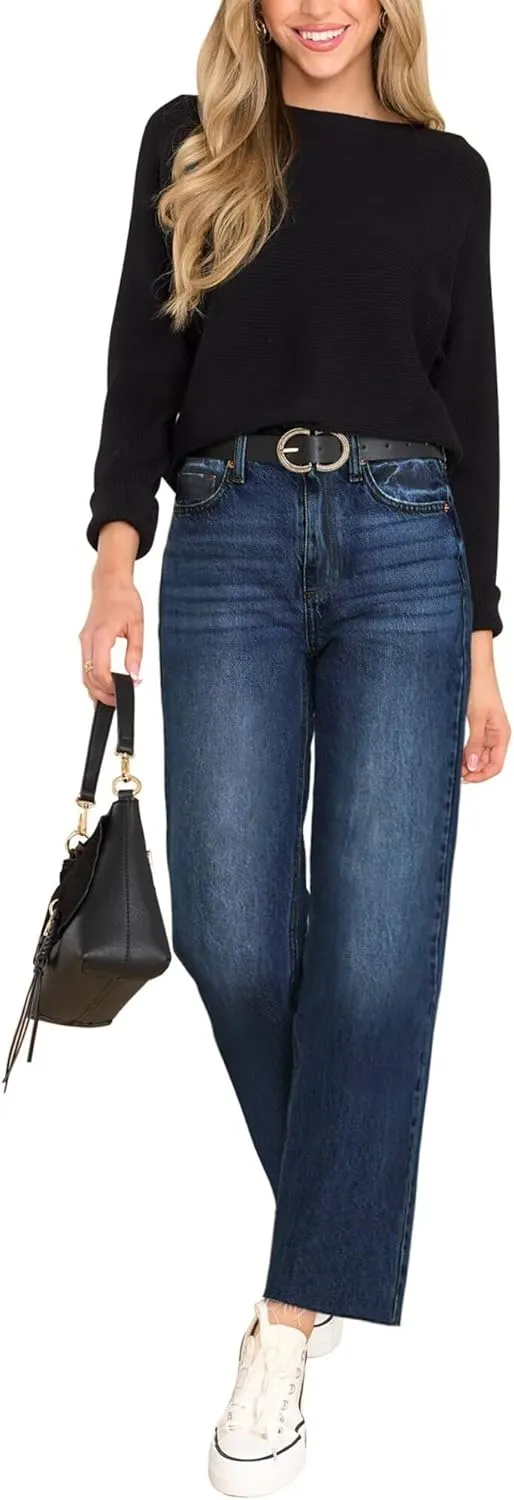 KDF Women's Cropped Straight Leg Jeans - High Waisted Jeans for Women 7/8 Length Denim Pants with Crop Hem