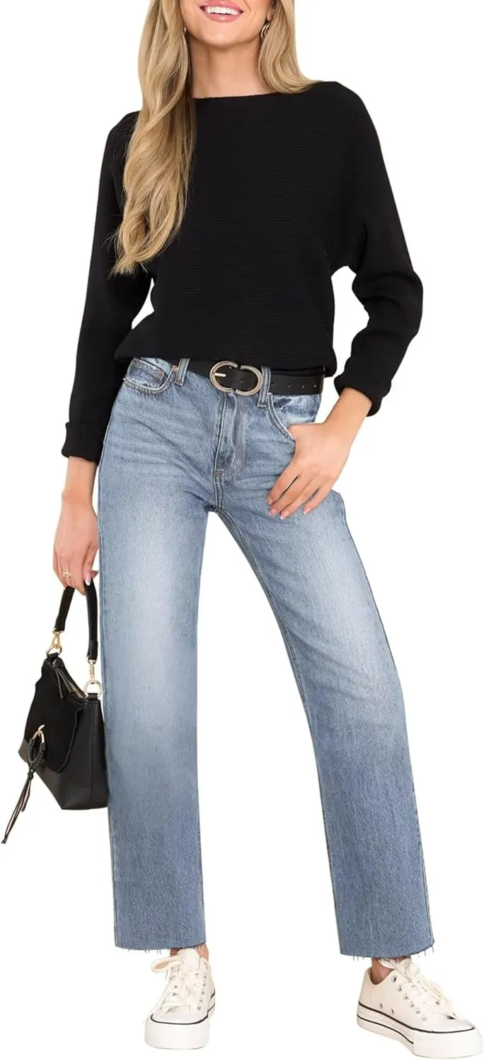 KDF Women's Cropped Straight Leg Jeans - High Waisted Jeans for Women 7/8 Length Denim Pants with Crop Hem
