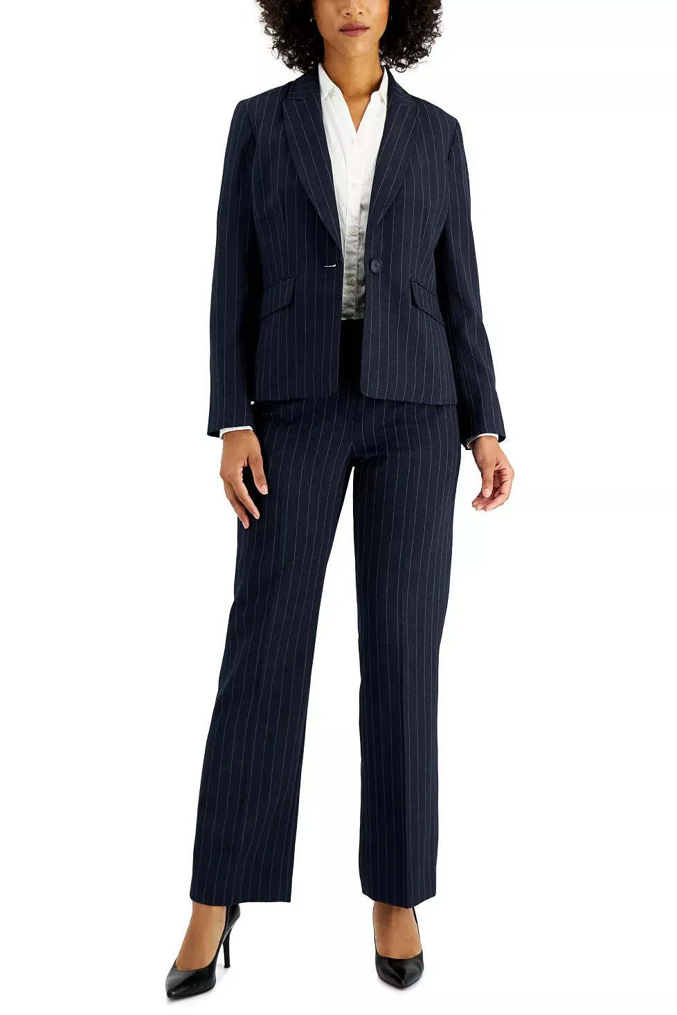Le Suit Notched Collar One Button Closure Long Sleeve Shoulder Padding Crepe Jacket with Mid Waist Zipper Hook &Bar Closure Pant Two Piece Set (Petite)