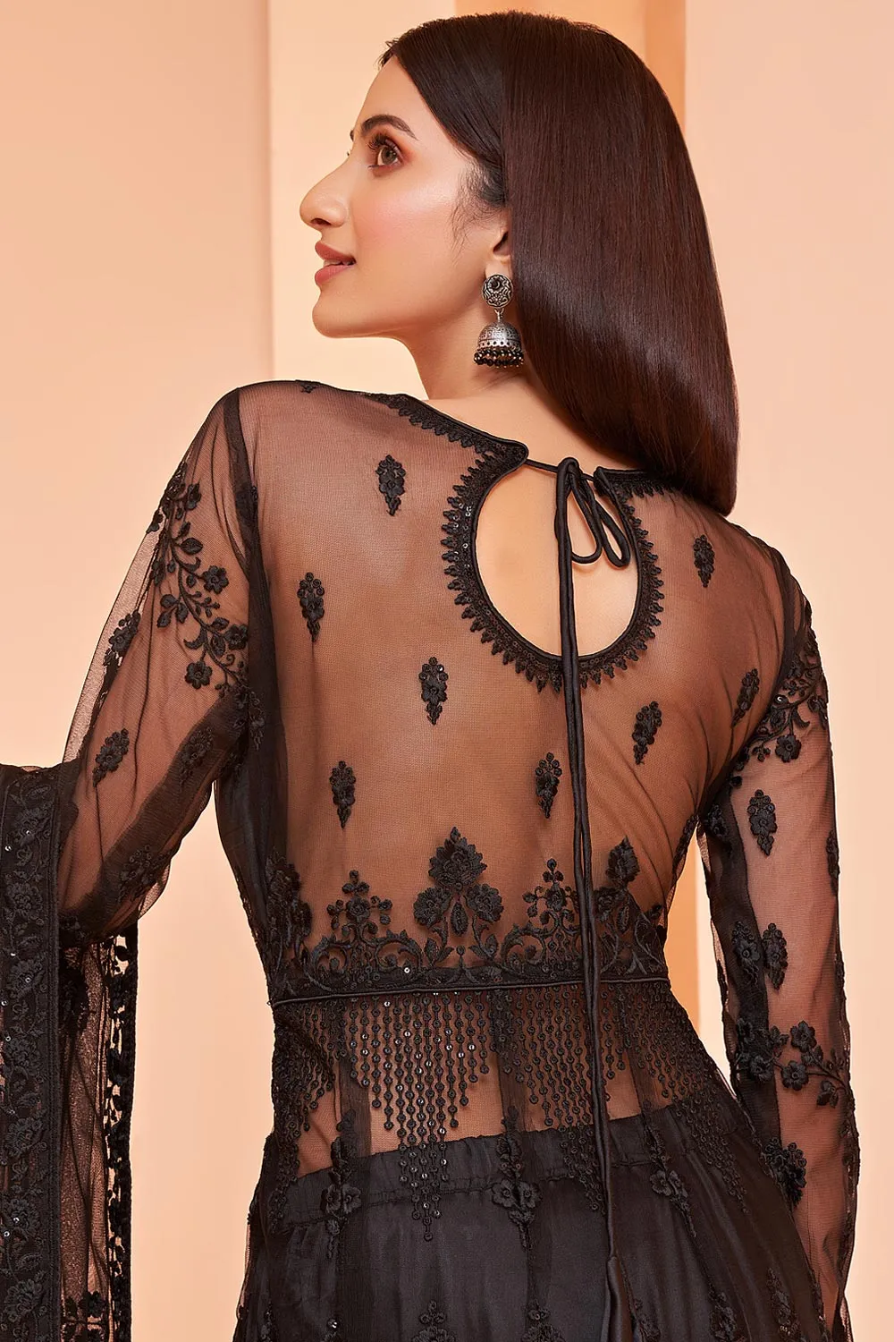 Lehenga/Pant Style Black Sequins Work Anarkali Suit