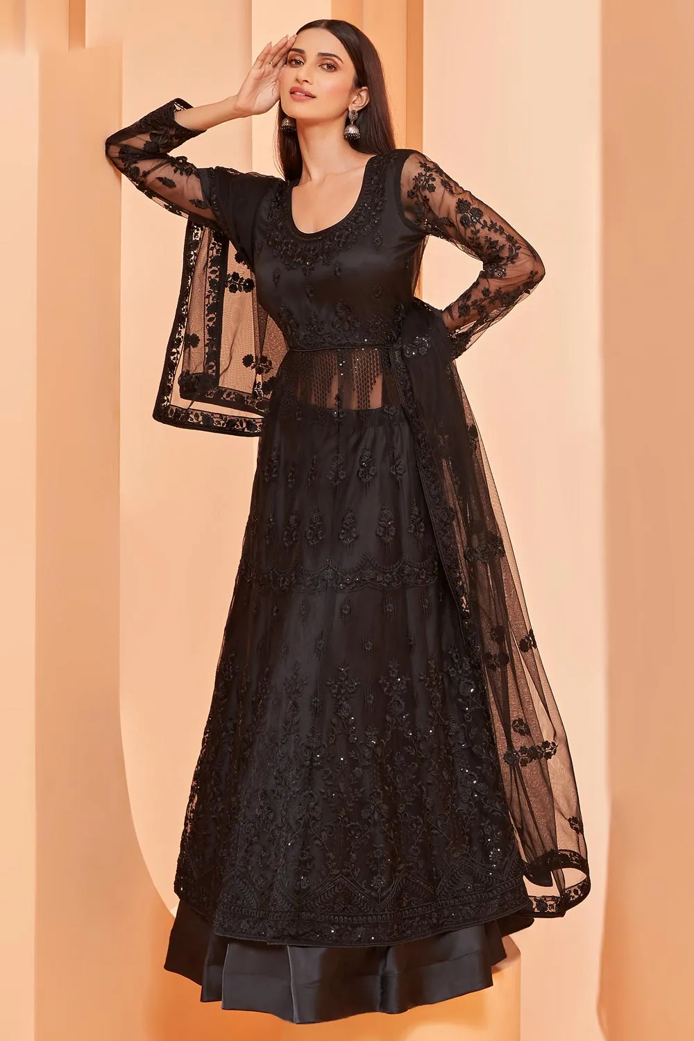 Lehenga/Pant Style Black Sequins Work Anarkali Suit