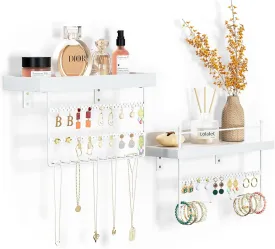 Lolalet Hanging Jewelry Organizer Wall Mount with Earrings, Bracelets, Necklaces Hooks - Easy Install Free Combination Jewelry Holder for Wall Bathroom - Set of 2, White