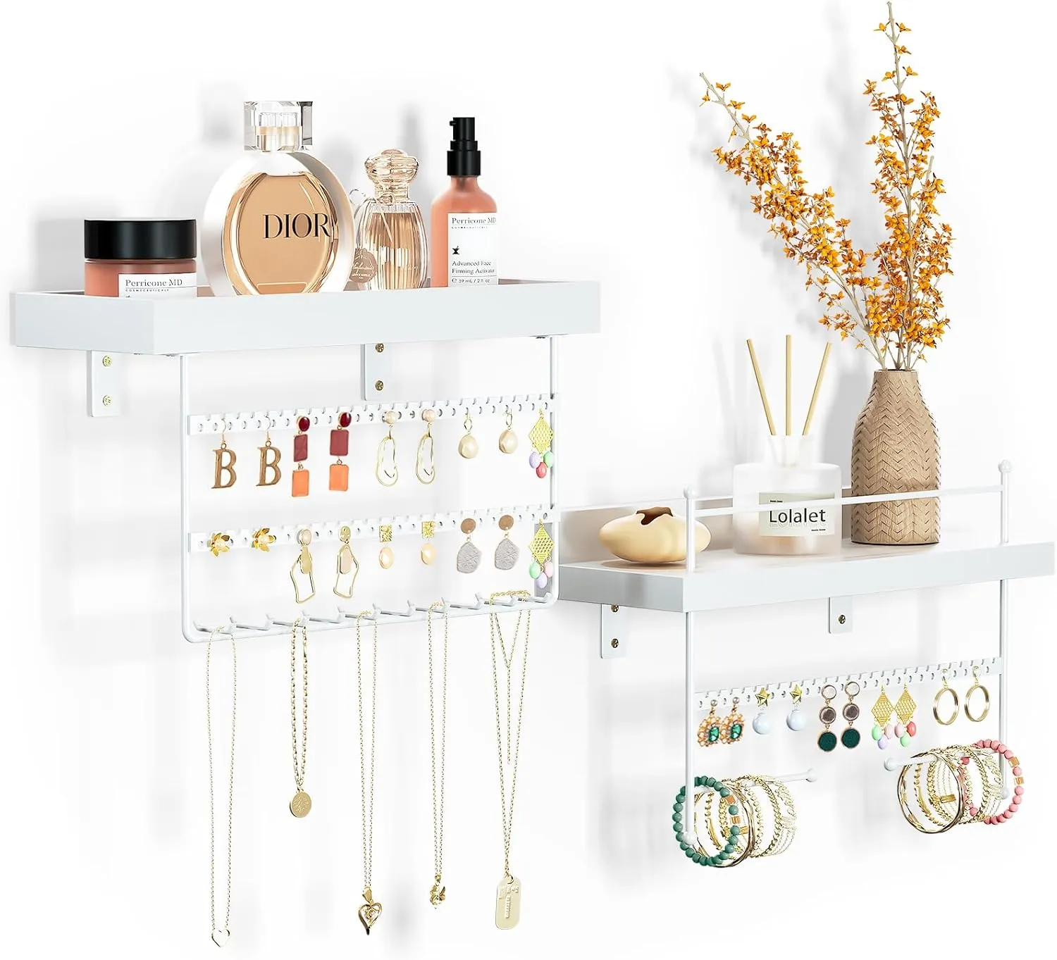 Lolalet Hanging Jewelry Organizer Wall Mount with Earrings, Bracelets, Necklaces Hooks - Easy Install Free Combination Jewelry Holder for Wall Bathroom - Set of 2, White