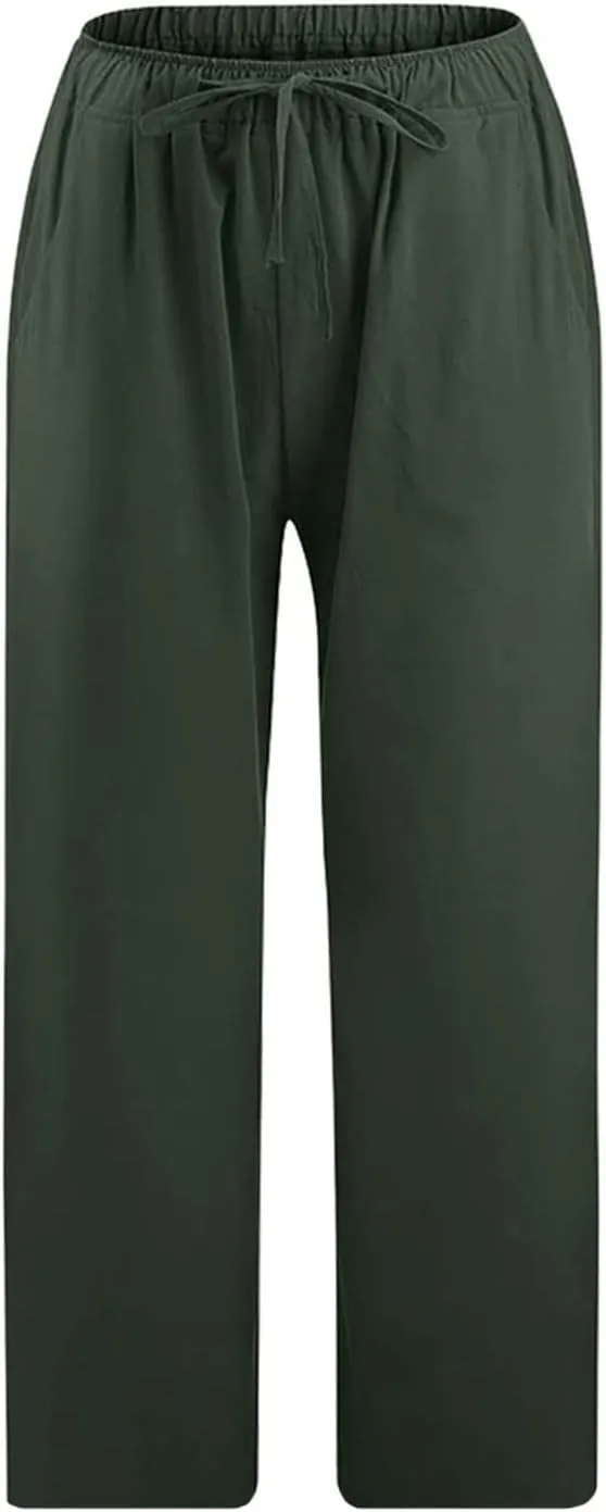 LRMQS Beach Pants Capri Length for Women 2024 Spring Summer Linen Capris Drawstring Elastic Waist Trendy Cropped Trousers
