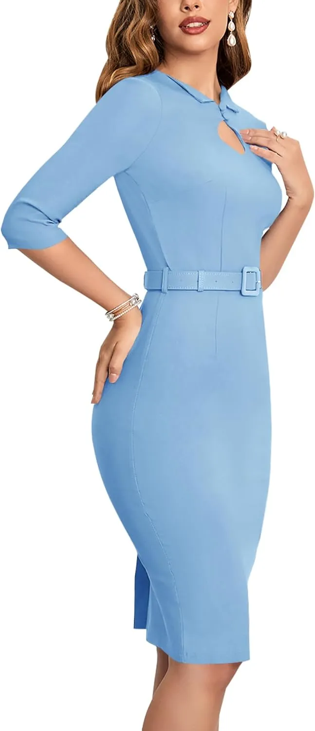 MUXXN Women's Audrey Hepburn 1960s Half Sleeve Formal Work Dress with Belt