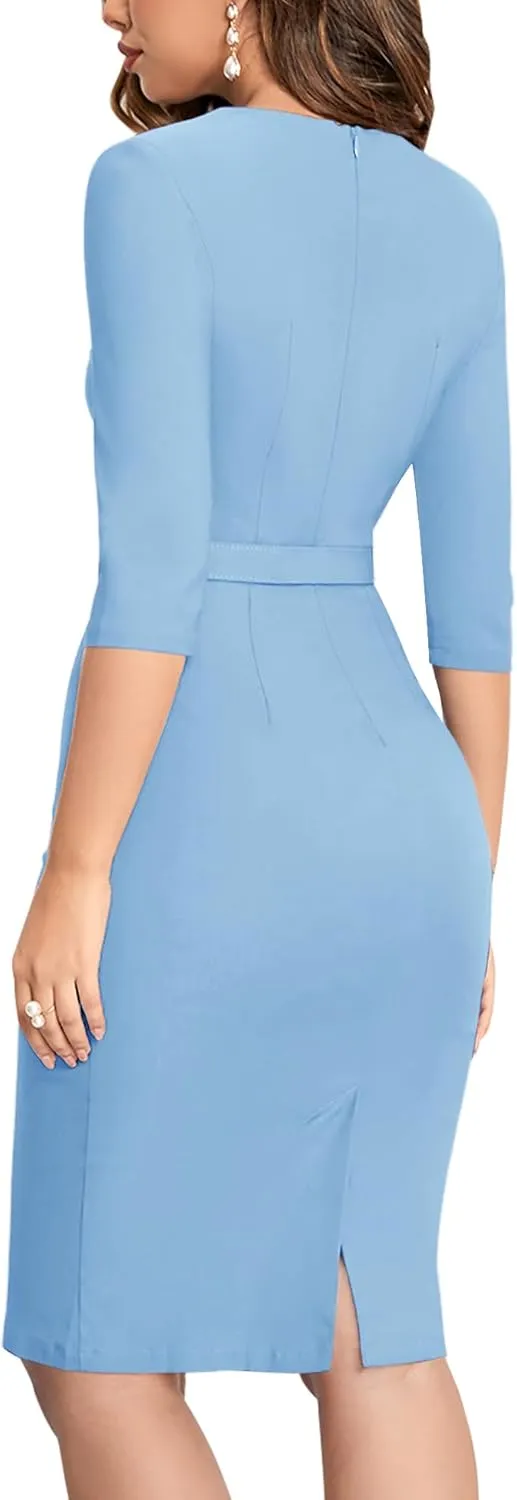 MUXXN Women's Audrey Hepburn 1960s Half Sleeve Formal Work Dress with Belt