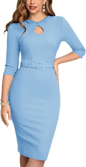 MUXXN Women's Audrey Hepburn 1960s Half Sleeve Formal Work Dress with Belt